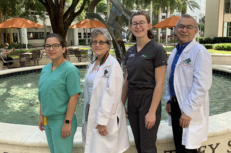 Laboratory research team at the Schiff Center, from left to right: Yaima de la Fuente, Maria de Medina, Olivia Blust, and Omar de Armas. 