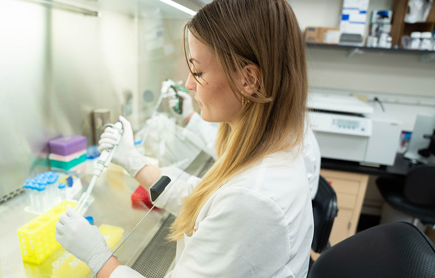 researcher working under a hood in a lab