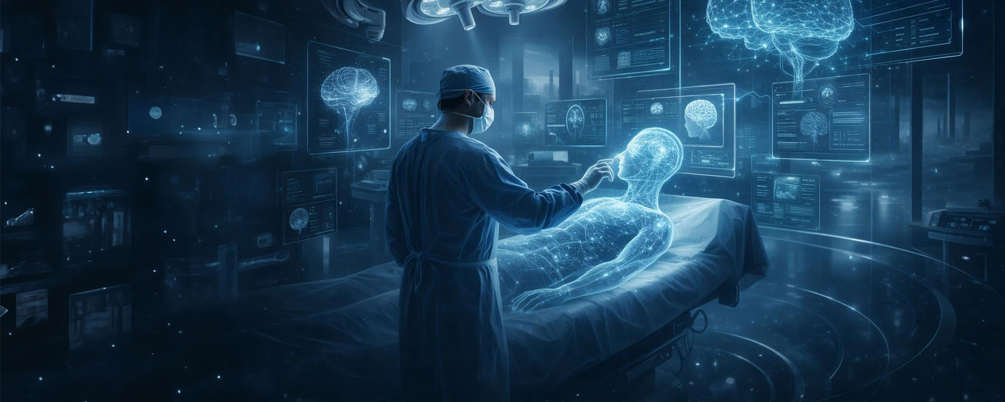 A neurosurgeon in surgical scrubs and a face mask stands beside an operating‑room table, interacting with a glowing holographic representation of a patient’s body. Digital brain models and neurological data float on transparent screens around the room, creating a futuristic, high‑tech medical environment.