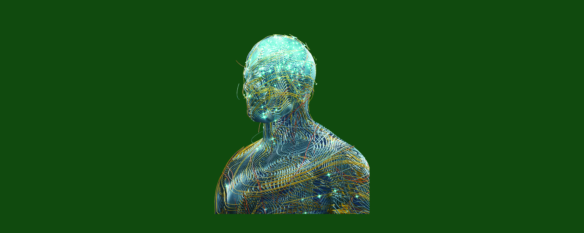 Illustration of human head and shoulders with wires and circuitry